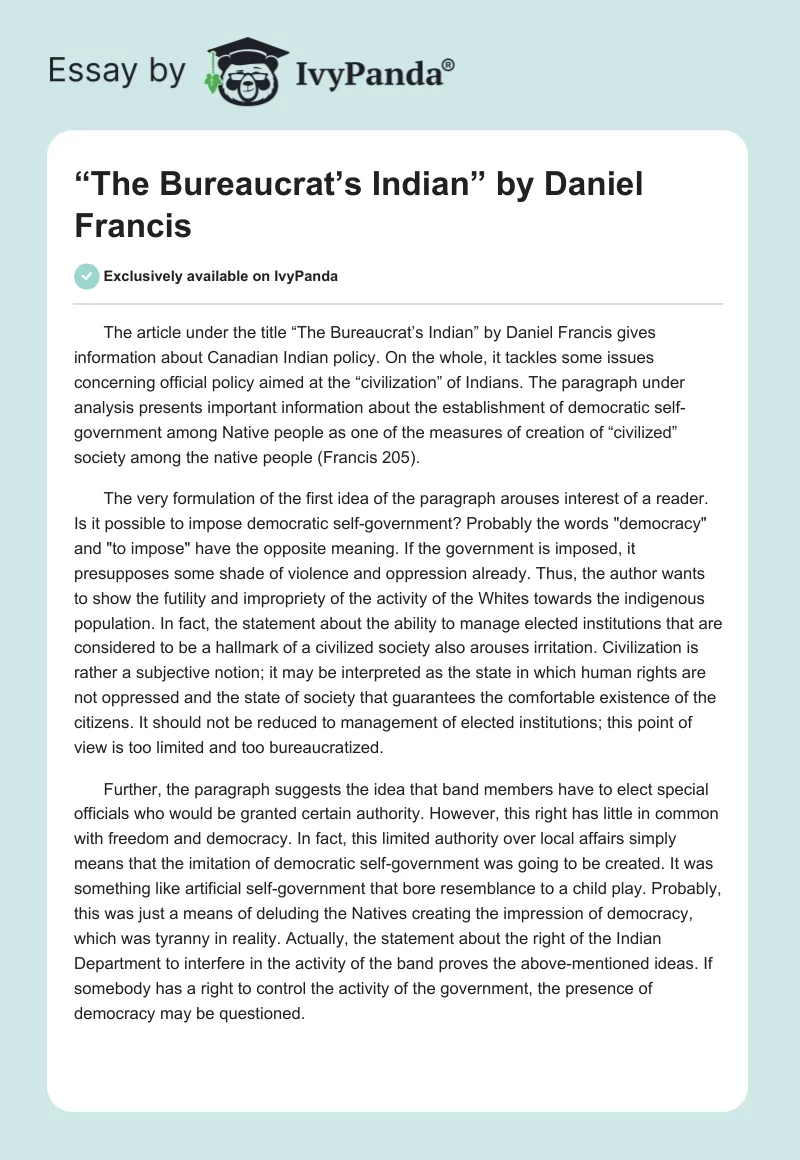“The Bureaucrat’s Indian” by Daniel Francis. Page 1