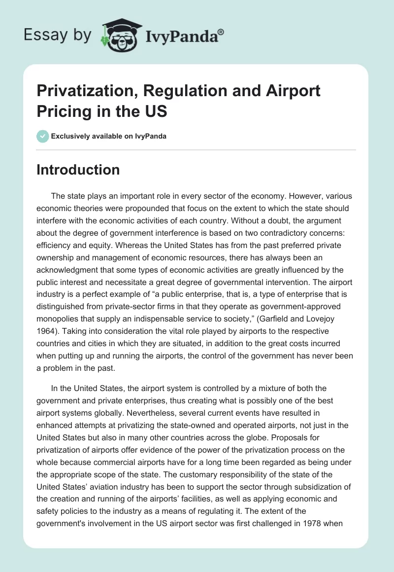 Privatization, Regulation and Airport Pricing in the US. Page 1