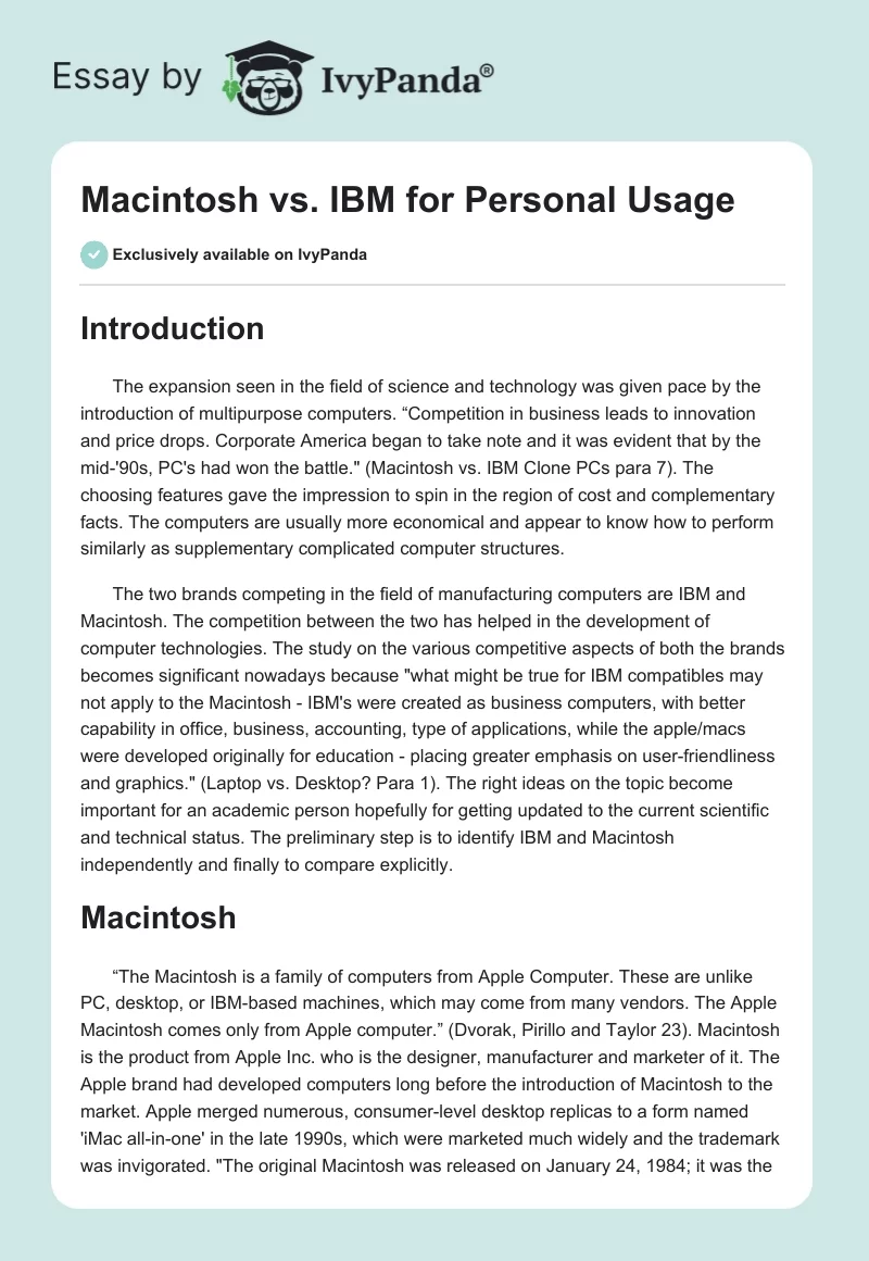 Macintosh vs. IBM for Personal Usage. Page 1
