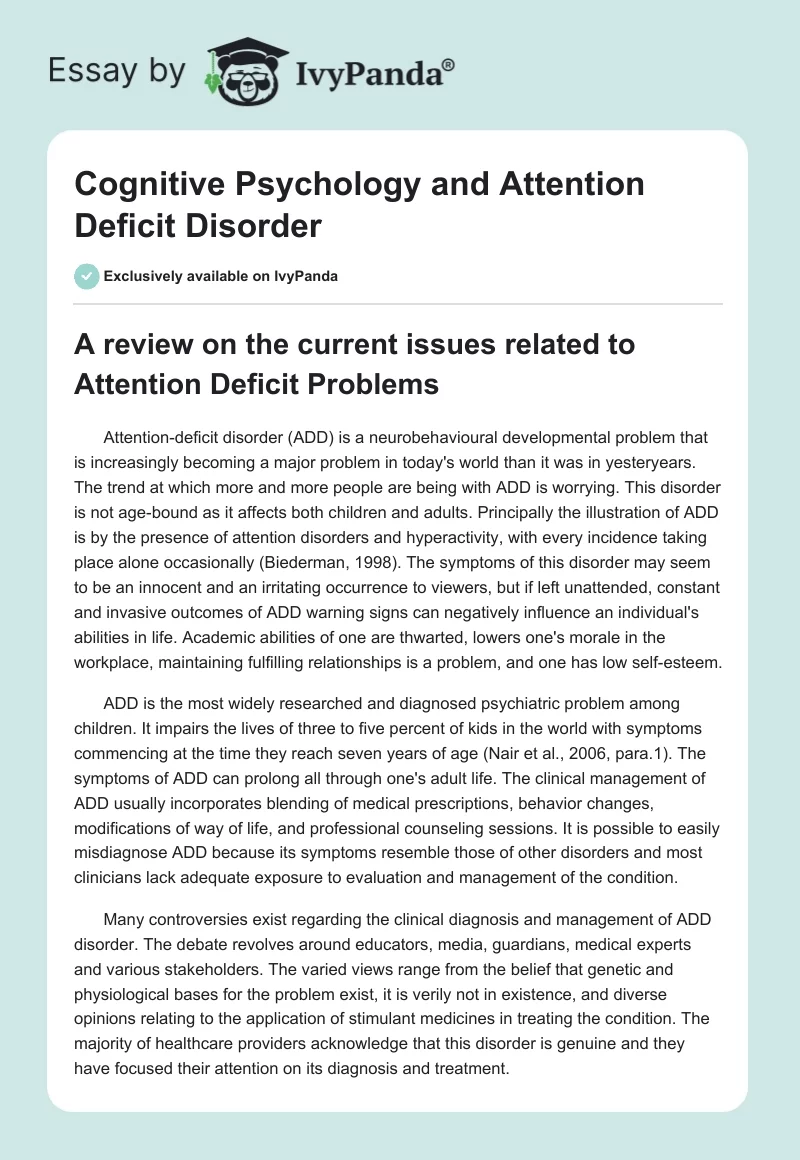 Cognitive Psychology and Attention Deficit Disorder. Page 1
