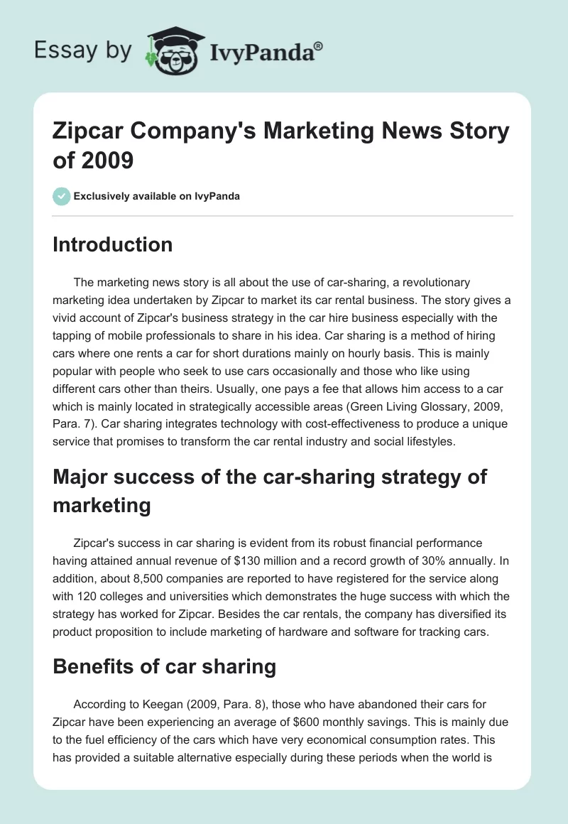 Zipcar Company's Marketing News Story of 2009. Page 1
