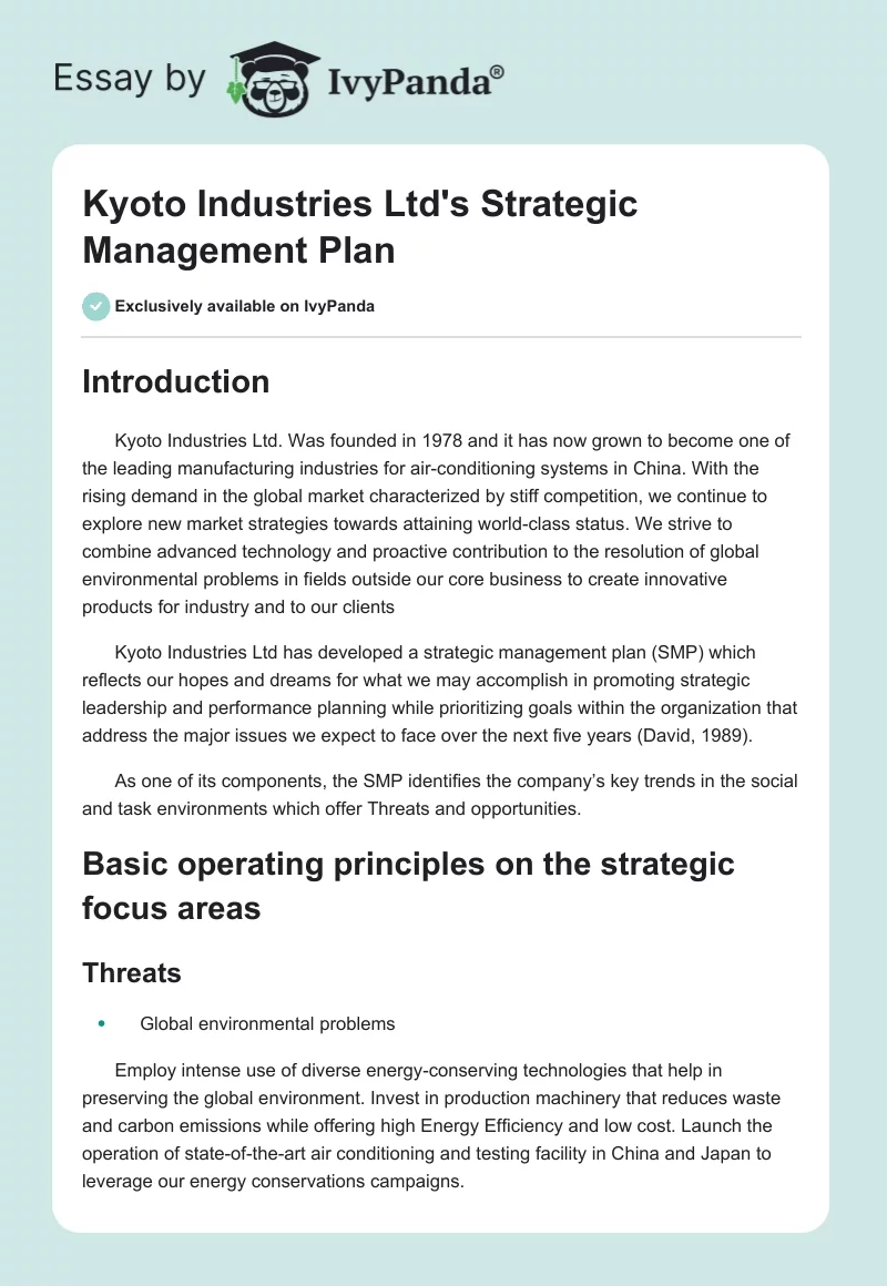 Kyoto Industries Ltd's Strategic Management Plan. Page 1