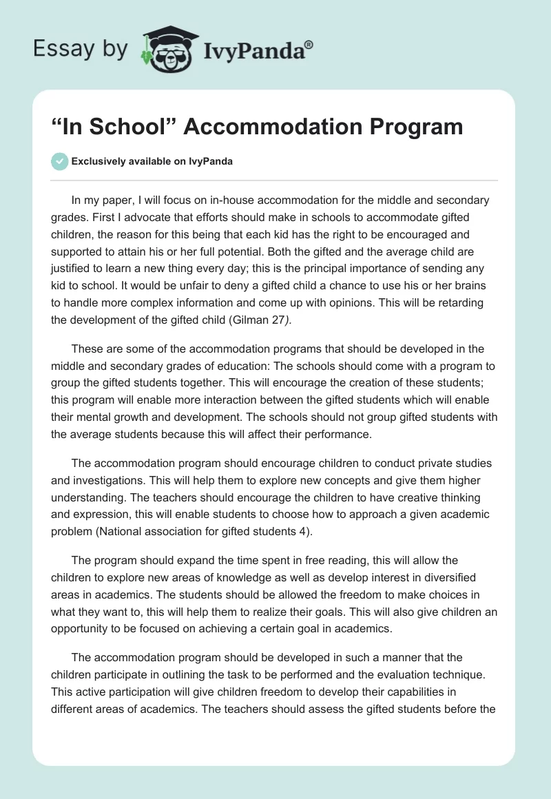 “In School” Accommodation Program. Page 1