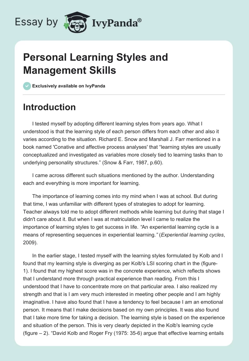Personal Learning Styles and Management Skills. Page 1
