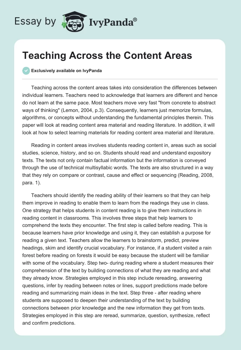 Teaching Across the Content Areas. Page 1
