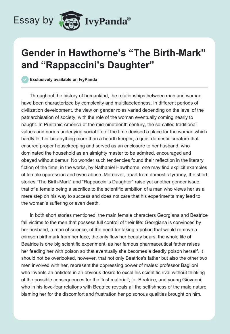 Gender in Hawthorne’s “The Birth-Mark” and “Rappaccini’s Daughter”. Page 1