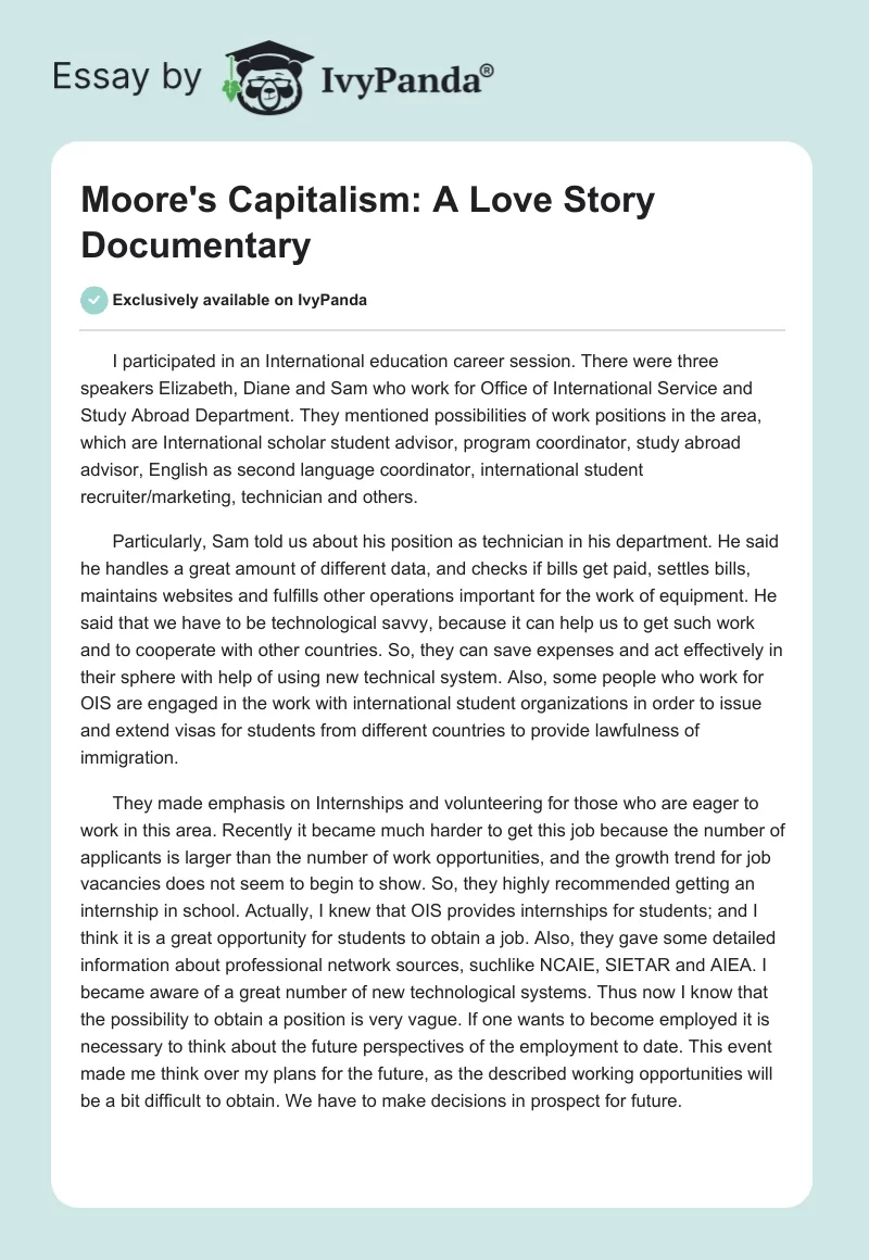 Moore's "Capitalism: A Love Story" Documentary. Page 1