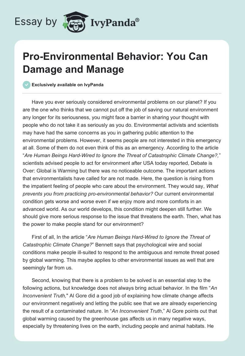 Pro-Environmental Behavior: You Can Damage and Manage. Page 1