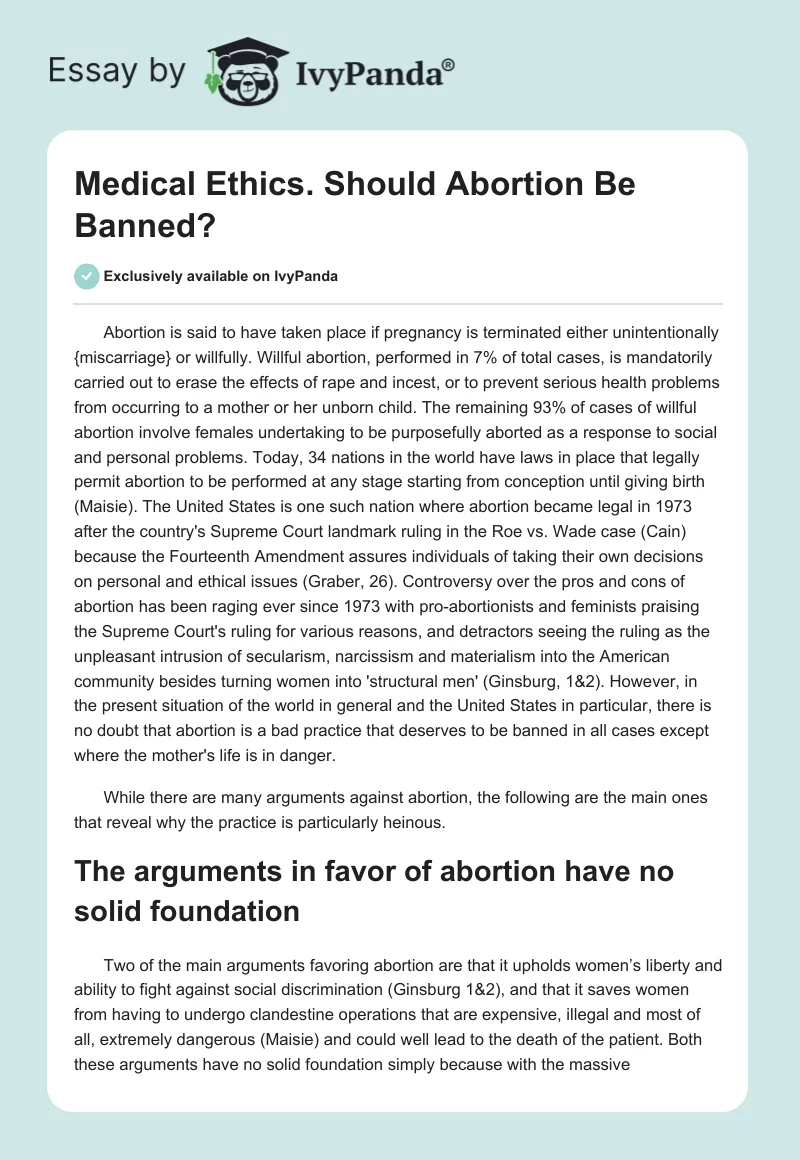 Medical Ethics. Should Abortion Be Banned?. Page 1