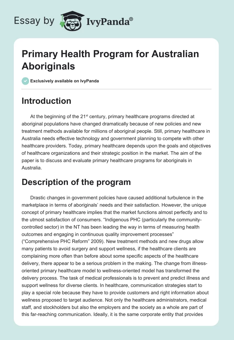 Primary Health Program for Australian Aboriginals. Page 1