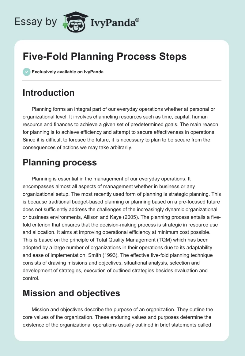 Five-Fold Planning Process Steps. Page 1