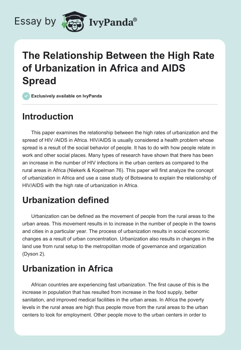 The Relationship Between the High Rate of Urbanization in Africa and AIDS Spread. Page 1