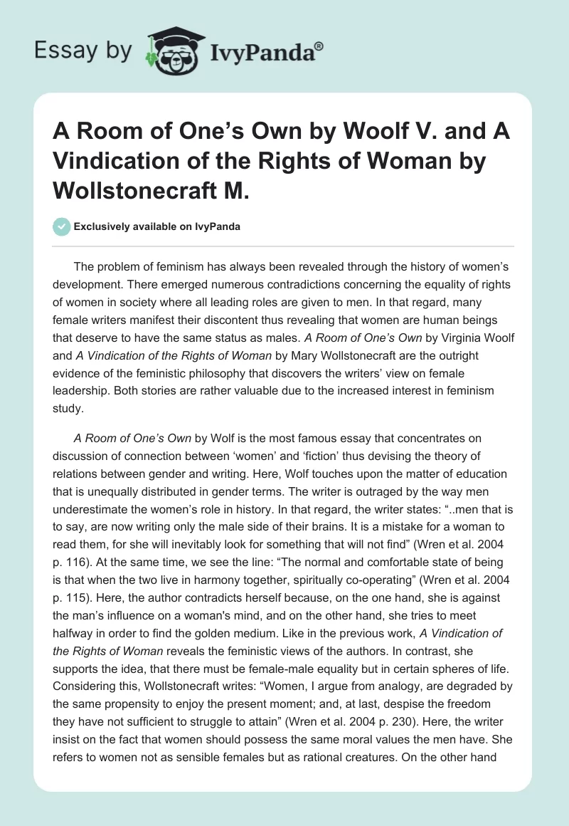 "A Room of One’s Own" by Woolf V. and "A Vindication of the Rights of Woman" by Wollstonecraft M.. Page 1