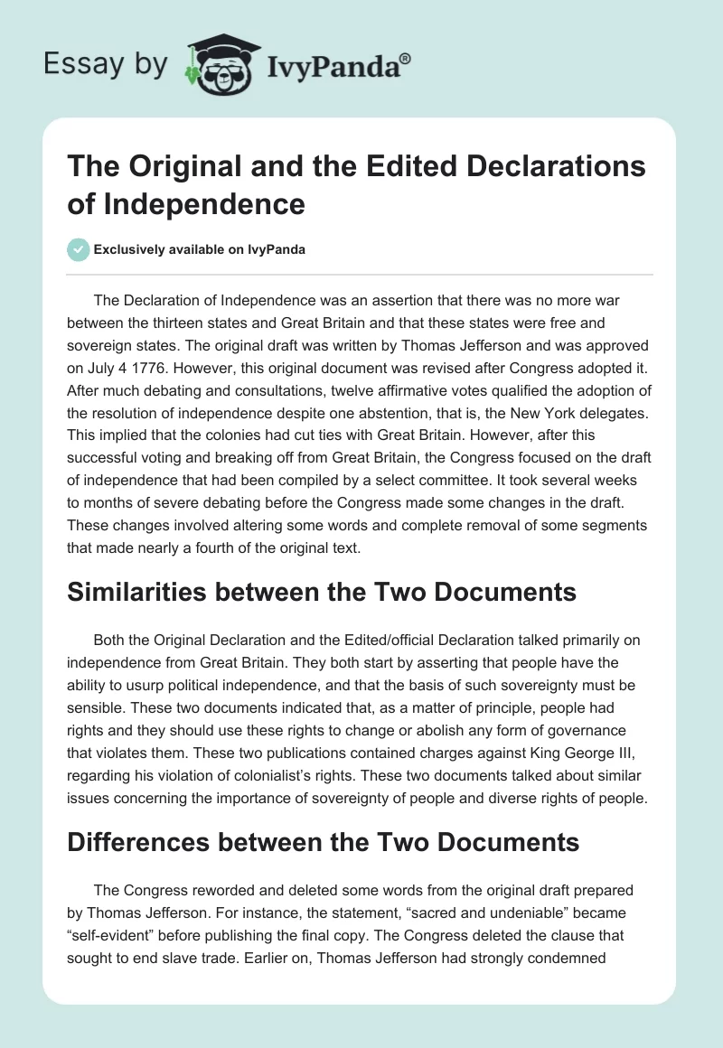 The Original and the Edited Declarations of Independence. Page 1