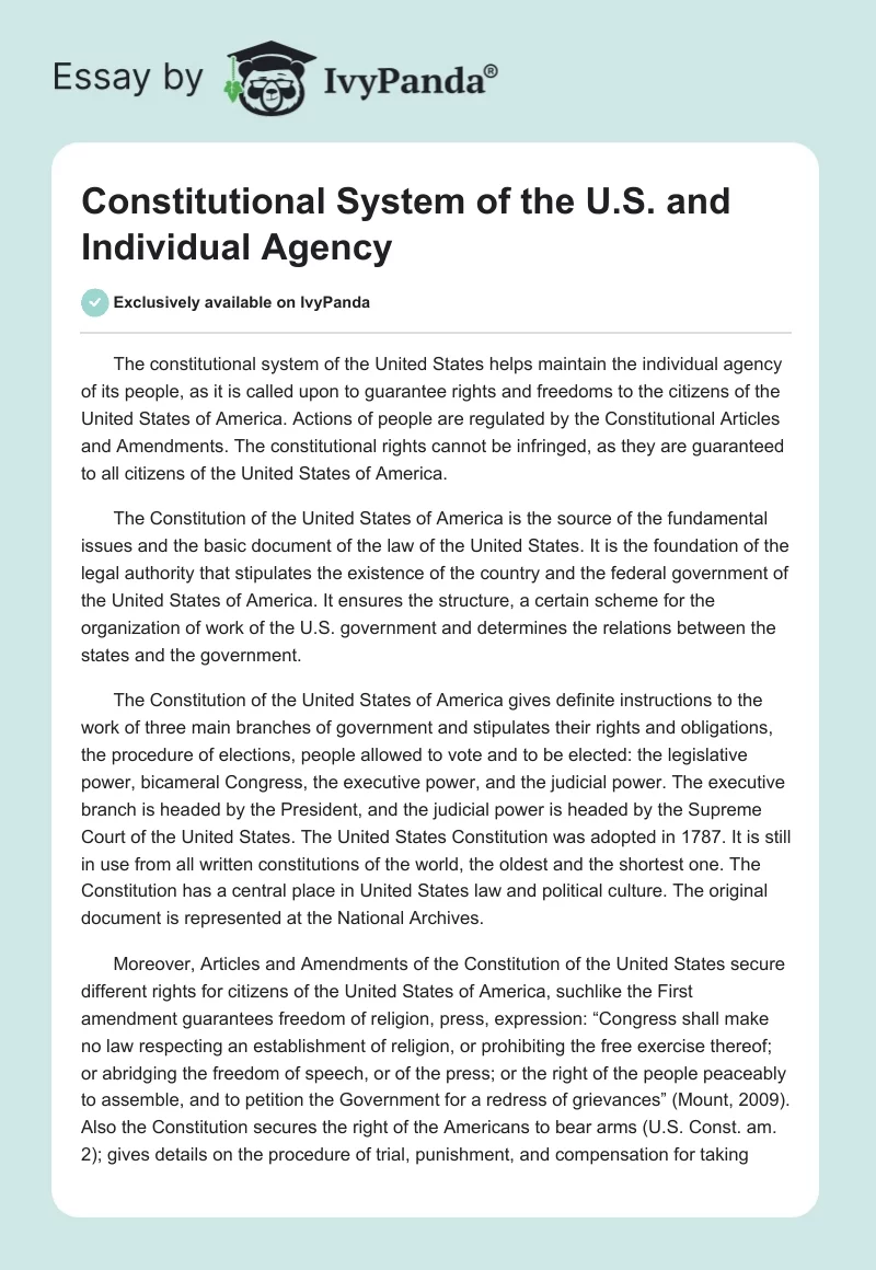Constitutional System of the U.S. and Individual Agency. Page 1