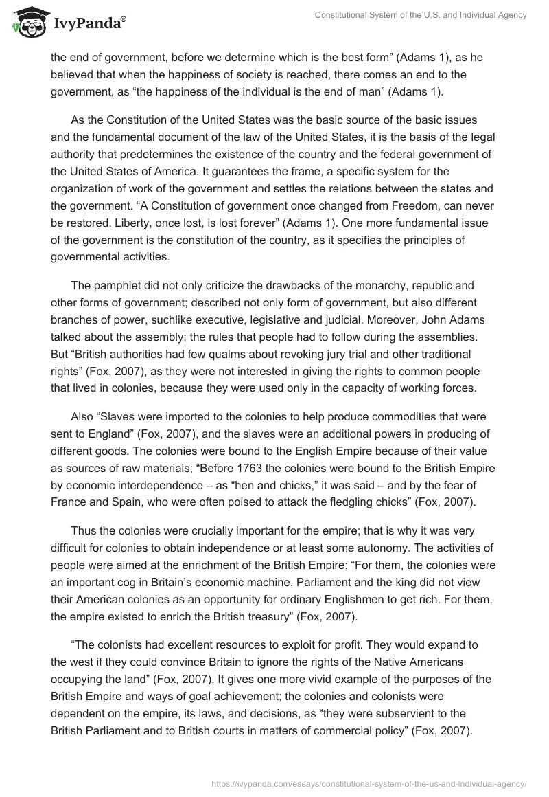 Constitutional System of the U.S. and Individual Agency. Page 3
