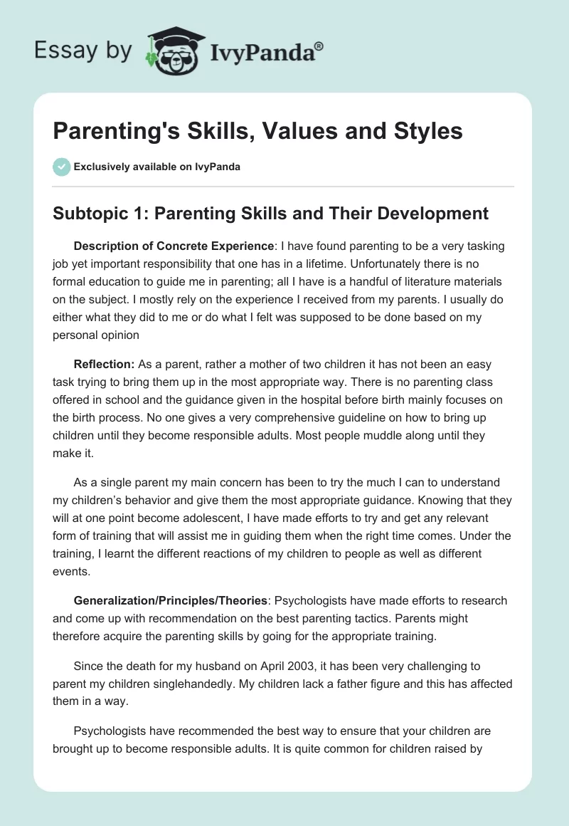 Parenting's Skills, Values and Styles. Page 1