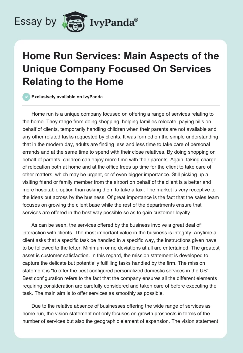Home Run Services: Main Aspects of the Unique Company Focused On Services Relating to the Home. Page 1