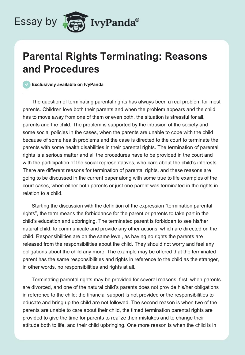 Parental Rights Terminating: Reasons and Procedures. Page 1