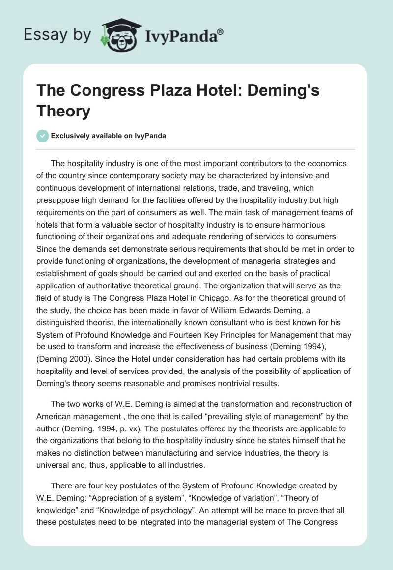 The Congress Plaza Hotel: Deming's Theory. Page 1