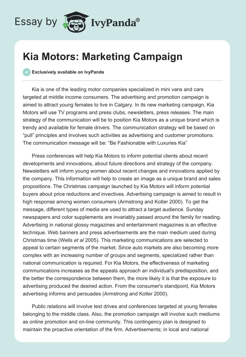 Kia Motors: Marketing Campaign. Page 1