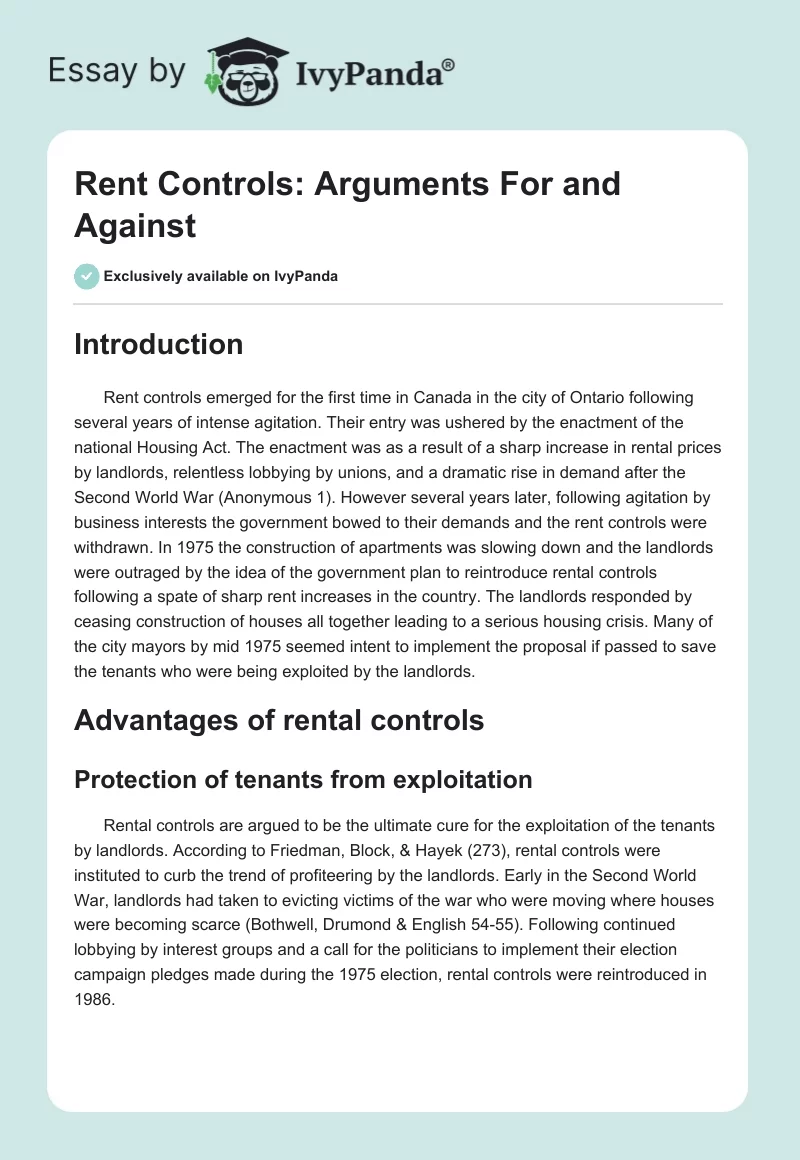 Rent Controls: Arguments For and Against. Page 1