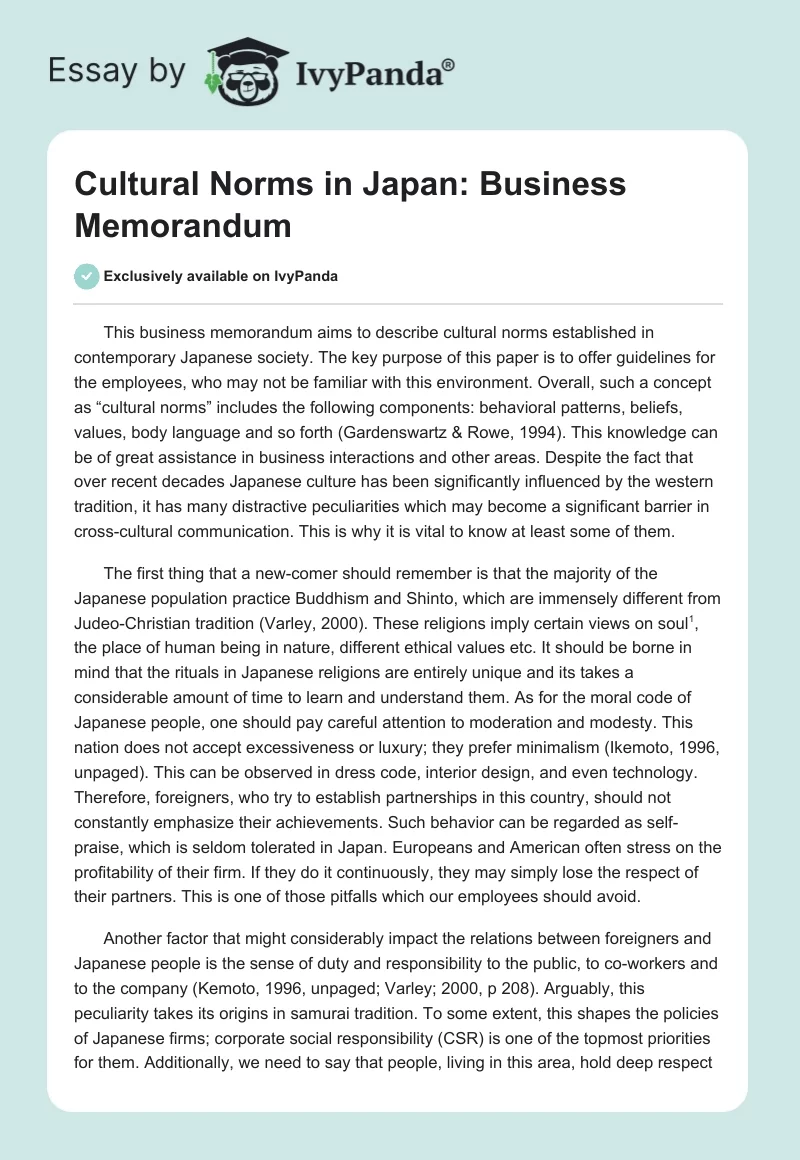 Cultural Norms in Japan: Business Memorandum. Page 1