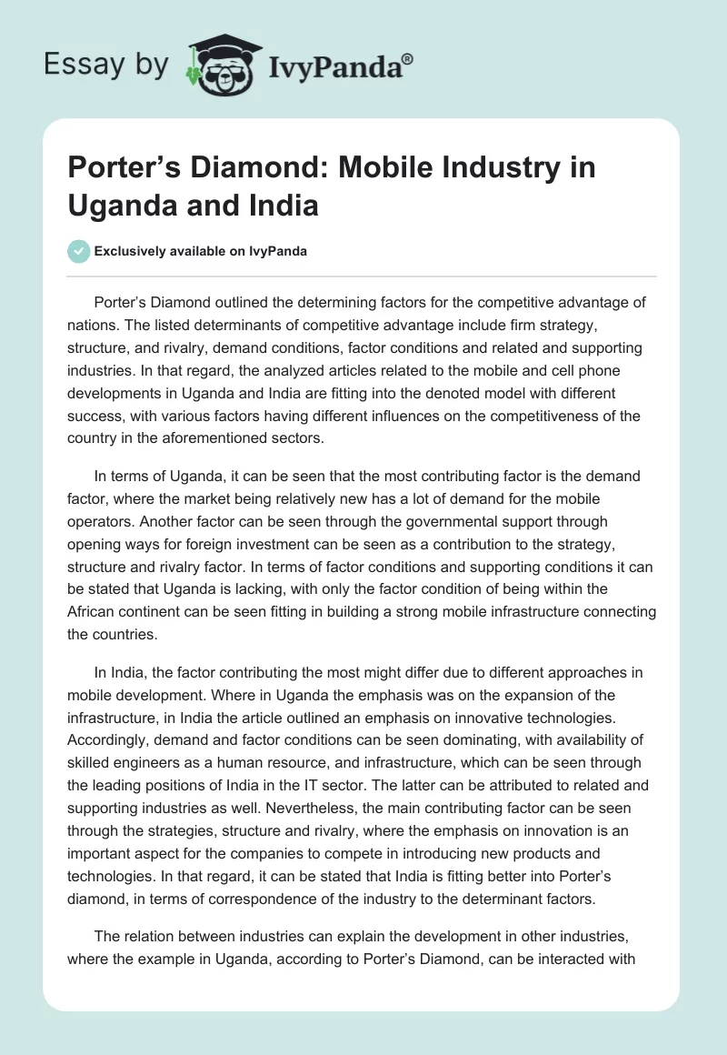 Porter’s Diamond: Mobile Industry in Uganda and India. Page 1
