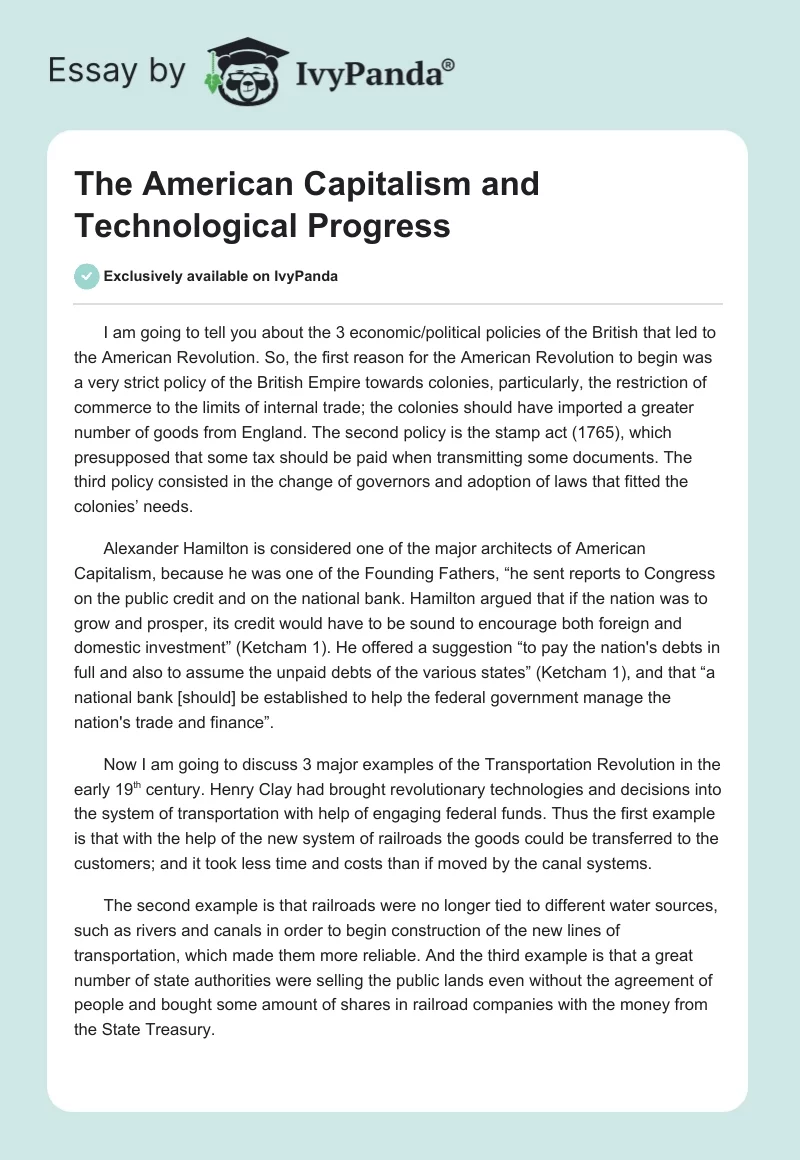 The American Capitalism and Technological Progress. Page 1