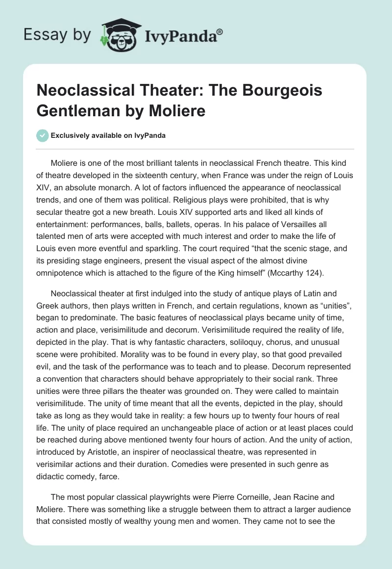 Neoclassical Theater: "The Bourgeois Gentleman" by Moliere. Page 1
