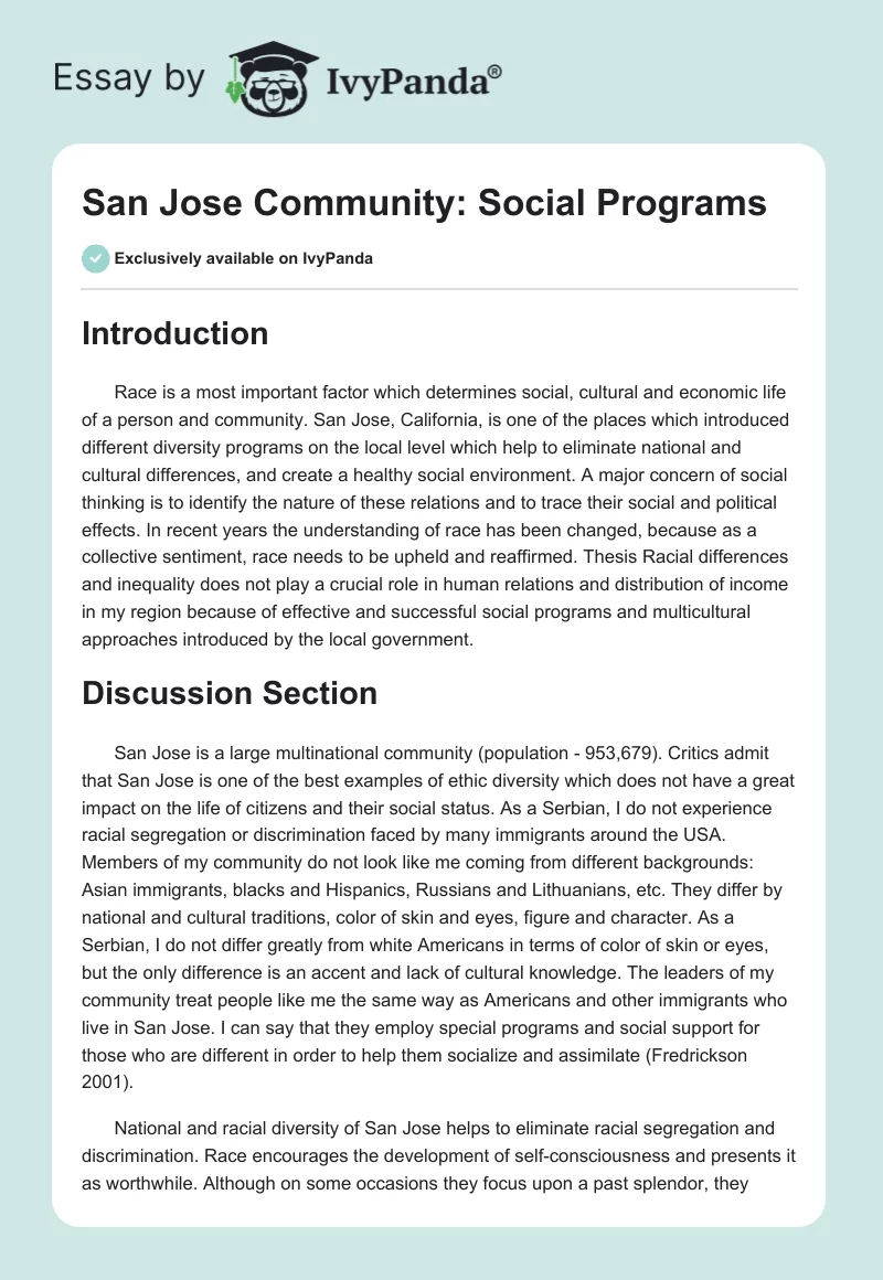 San Jose Community: Social Programs. Page 1