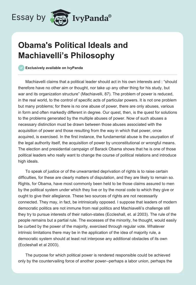 Obama's Political Ideals and Machiavelli’s Philosophy. Page 1