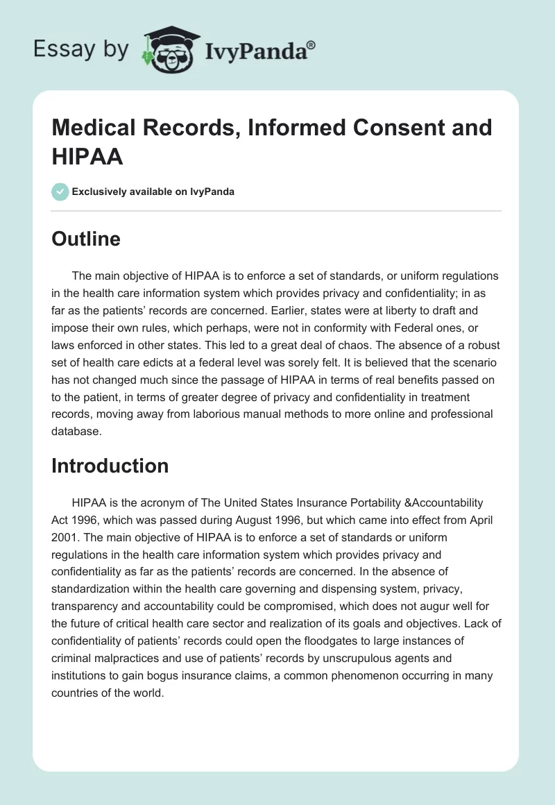 Medical Records, Informed Consent and HIPAA. Page 1