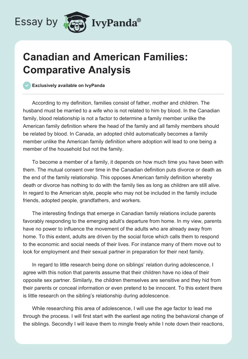Canadian and American Families: Comparative Analysis. Page 1