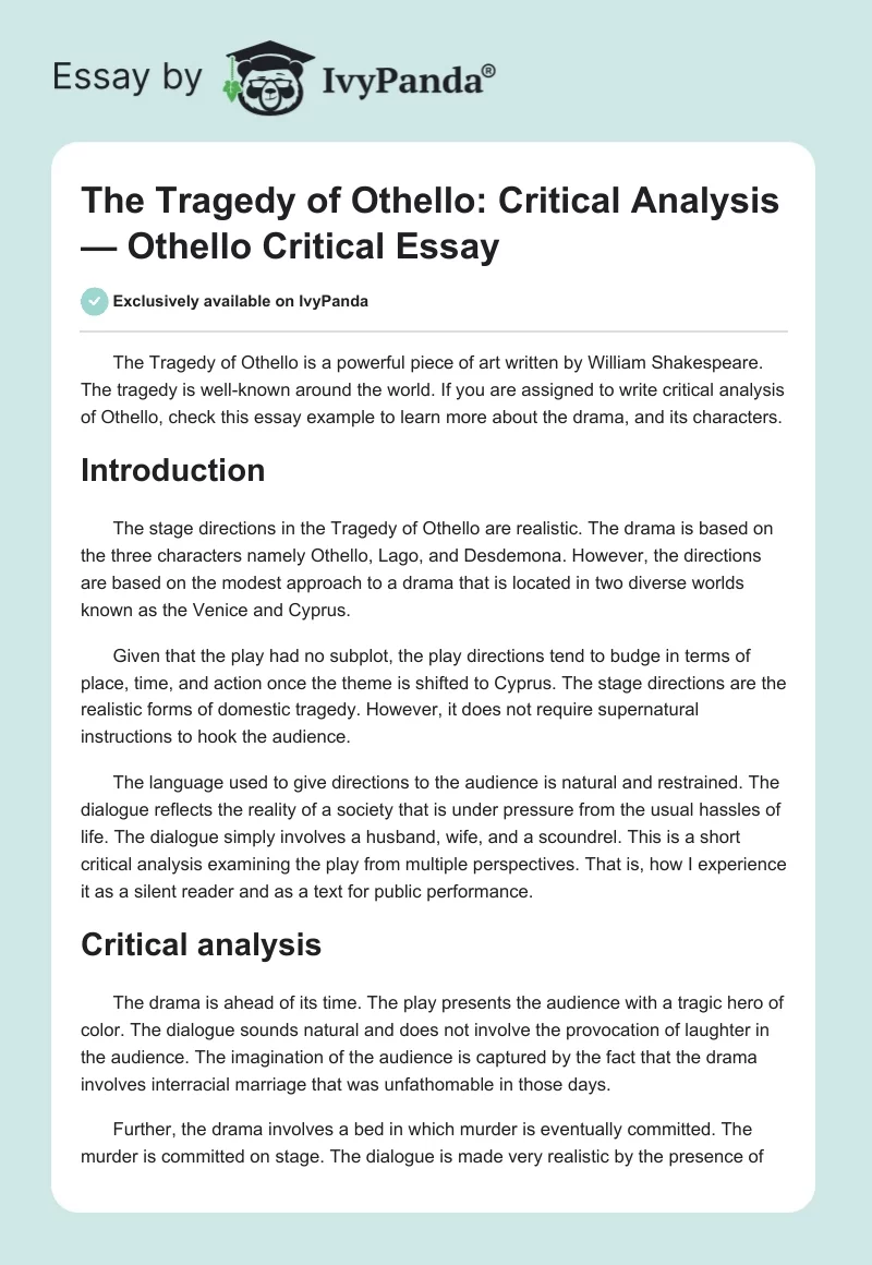 The Tragedy of Othello: Critical Analysis — Othello Critical Essay. Page 1