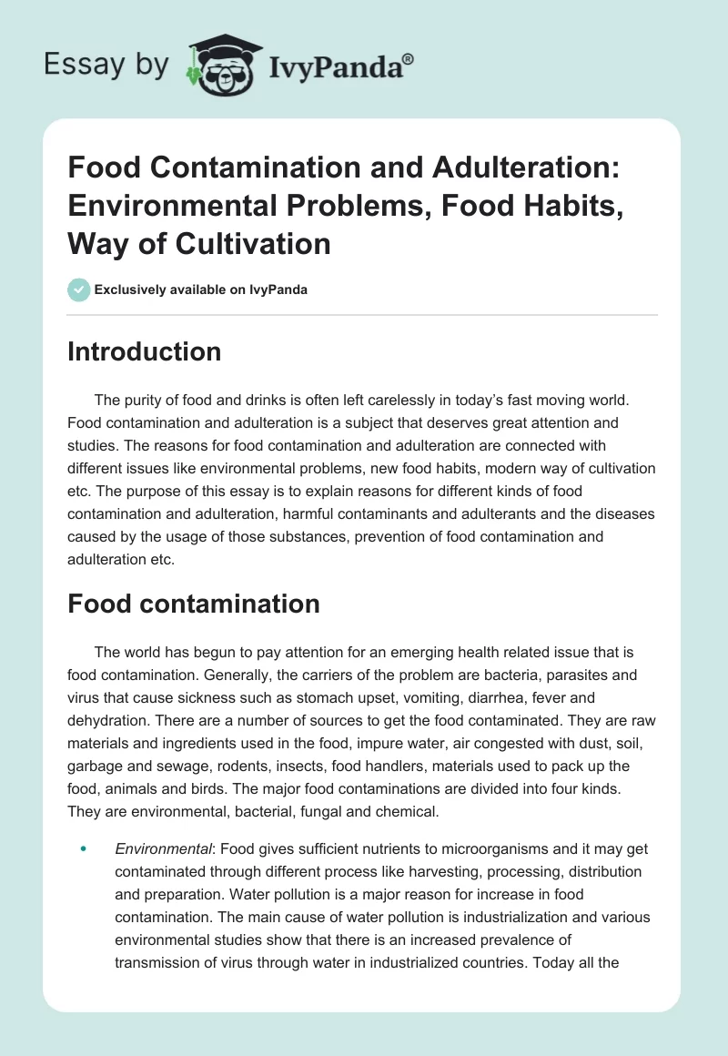 Food Contamination and Adulteration: Environmental Problems, Food Habits, Way of Cultivation. Page 1