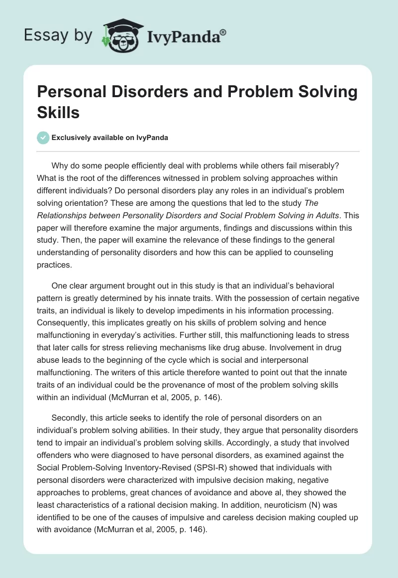 Personal Disorders and Problem Solving Skills. Page 1