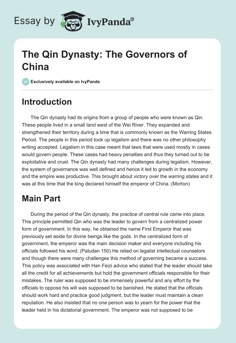 The Qin Dynasty: The Governors of China. Page 1