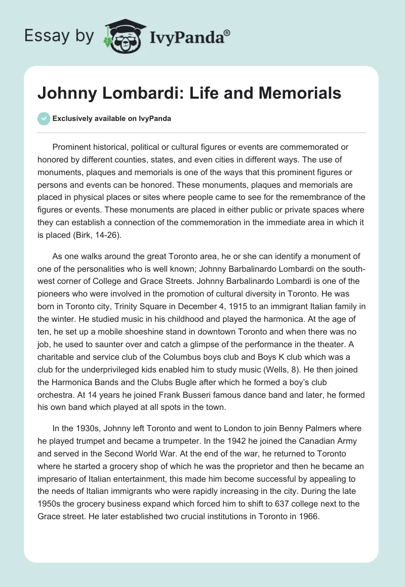Johnny Lombardi: Life and Memorials. Page 1