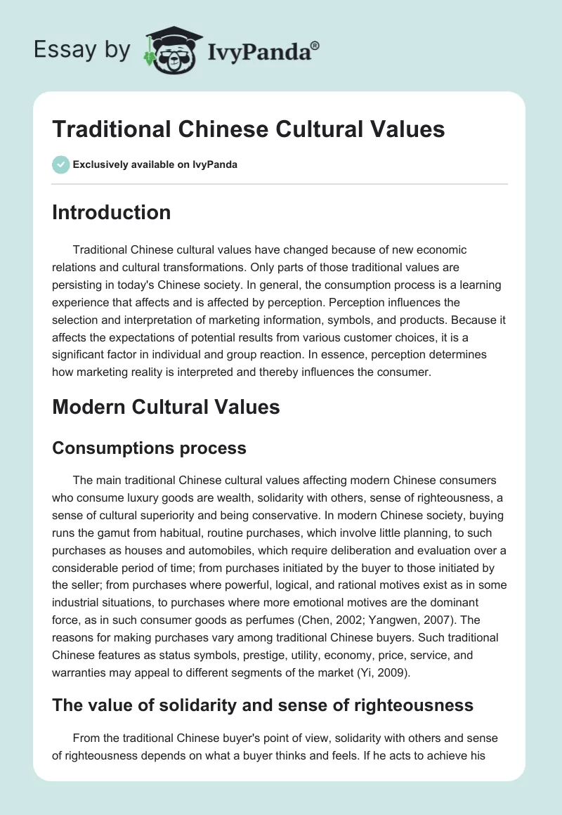 Traditional Chinese Cultural Values. Page 1