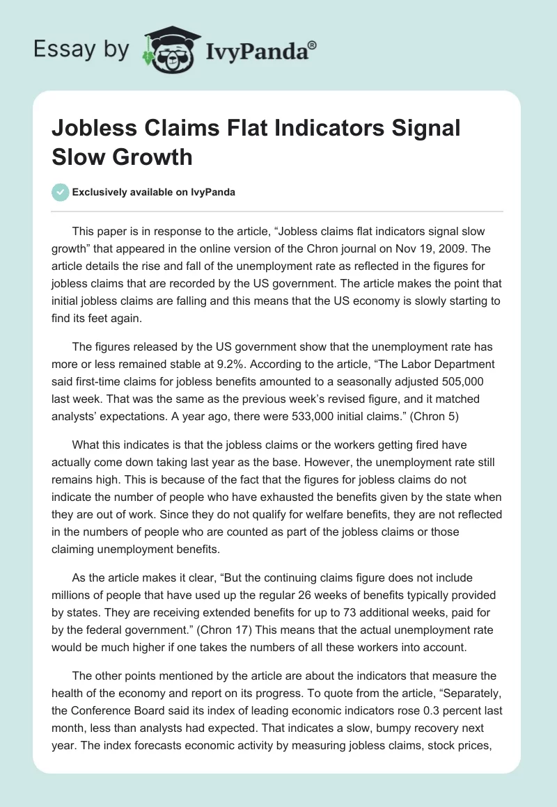 "Jobless Claims Flat Indicators Signal Slow Growth". Page 1