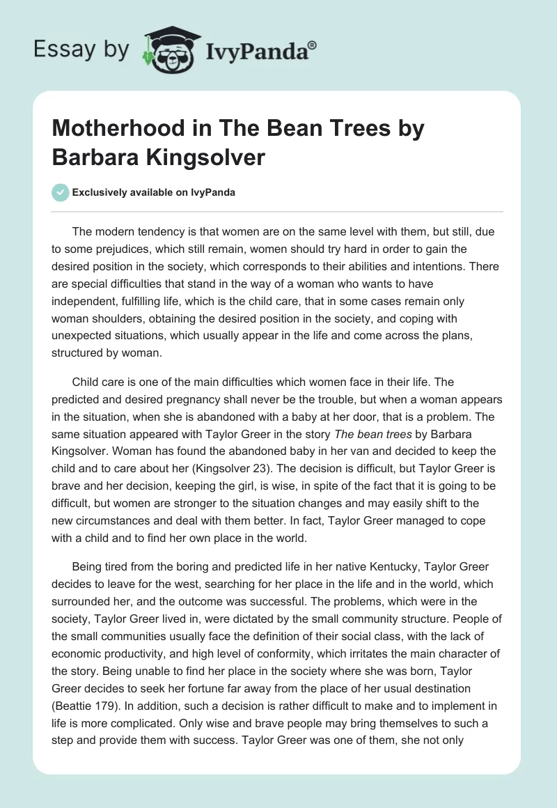 Motherhood in "The Bean Trees" by Barbara Kingsolver. Page 1