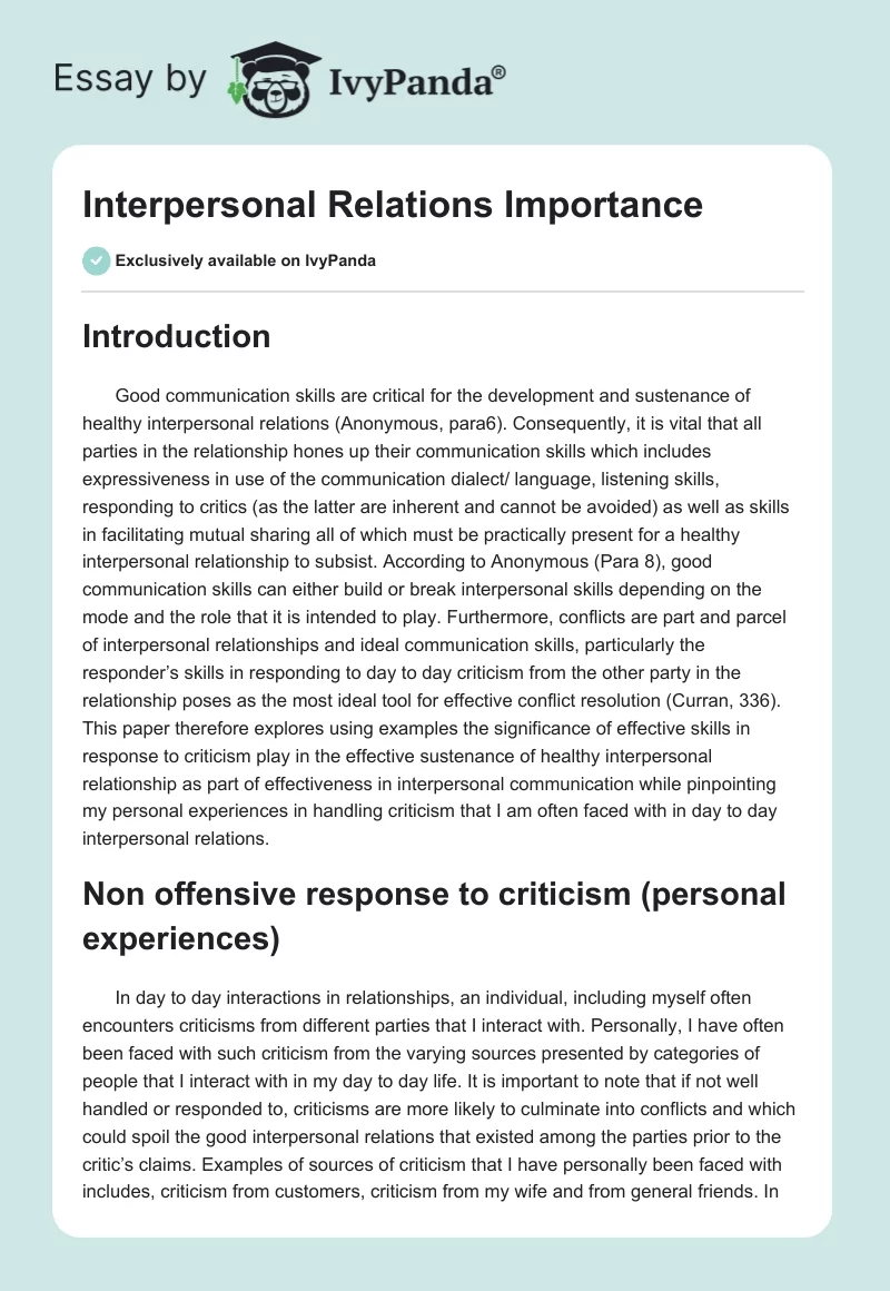 Interpersonal Relations Importance. Page 1