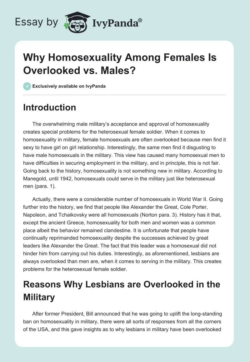 Why Homosexuality Among Females Is Overlooked vs. Males?. Page 1