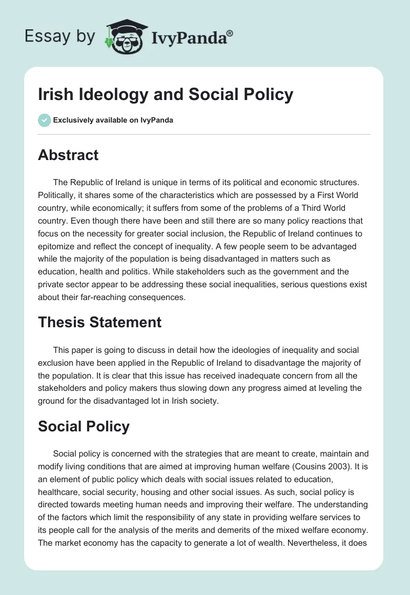 Irish Ideology and Social Policy. Page 1