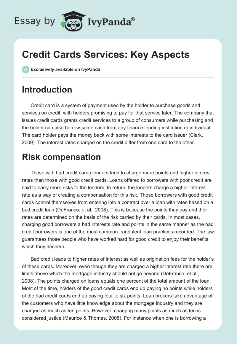 Credit Cards Services: Key Aspects. Page 1