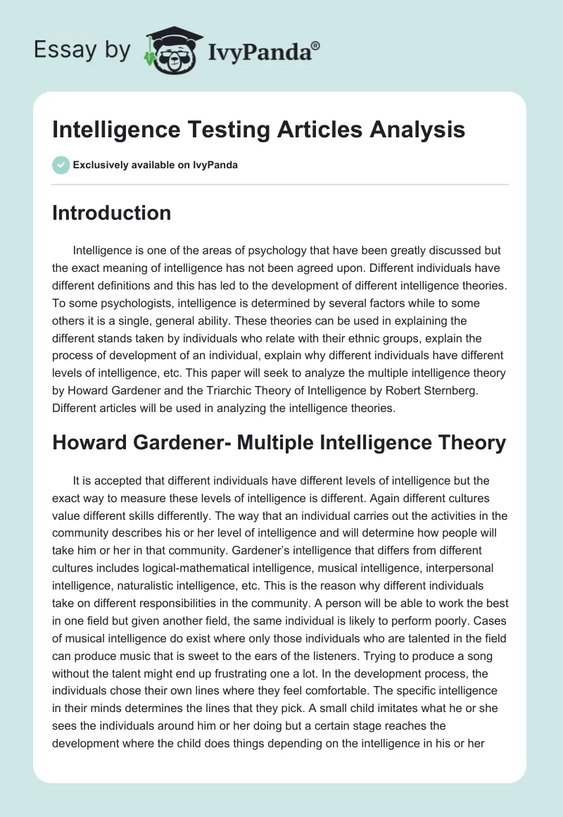 Intelligence Testing Articles Analysis. Page 1