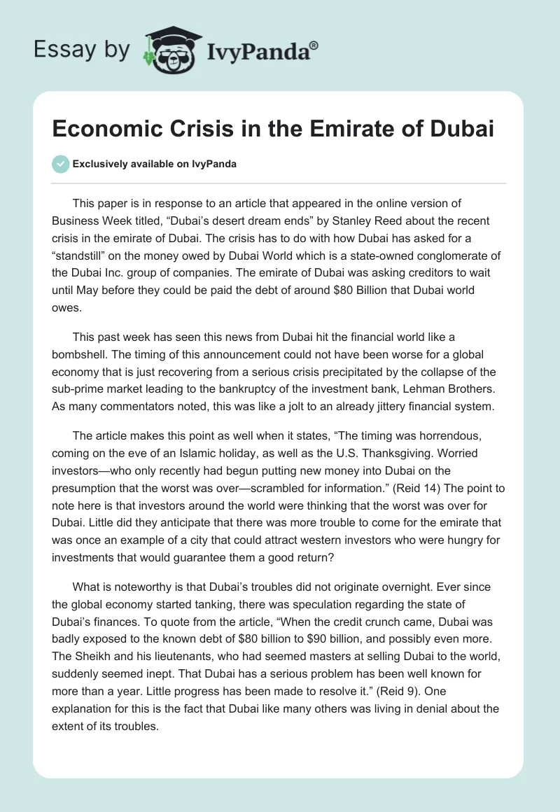Economic Crisis in the Emirate of Dubai. Page 1