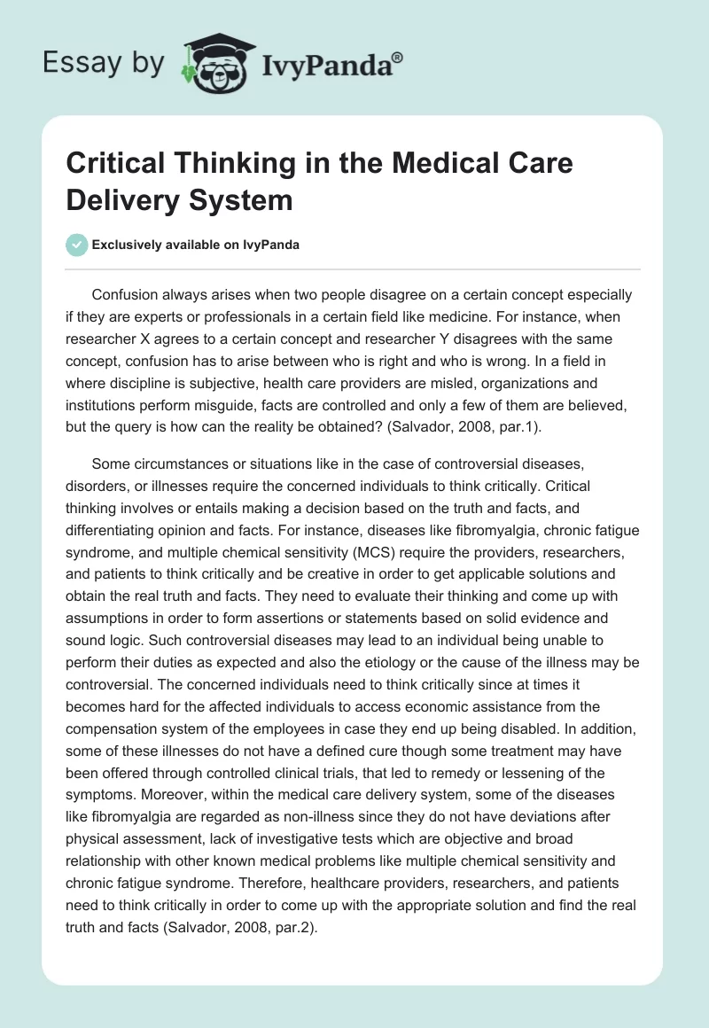 Critical Thinking in the Medical Care Delivery System. Page 1