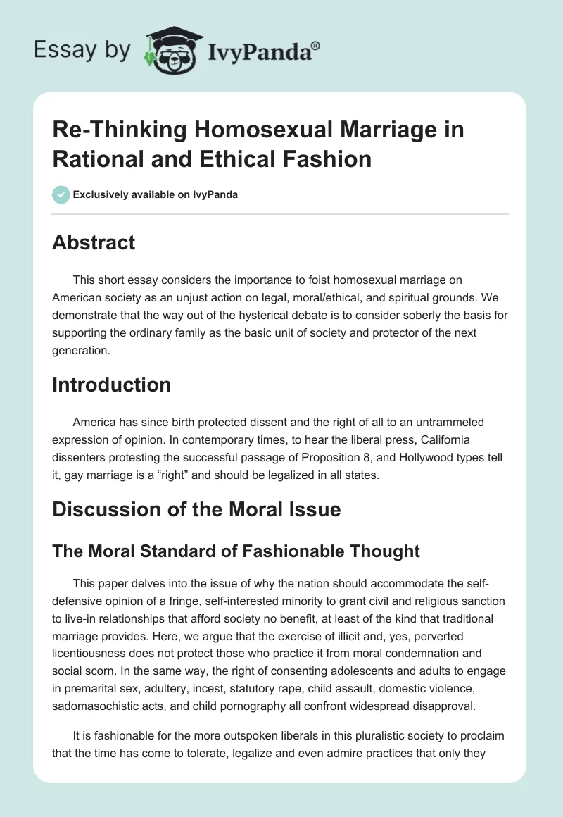 Re-Thinking Homosexual Marriage in Rational and Ethical Fashion. Page 1